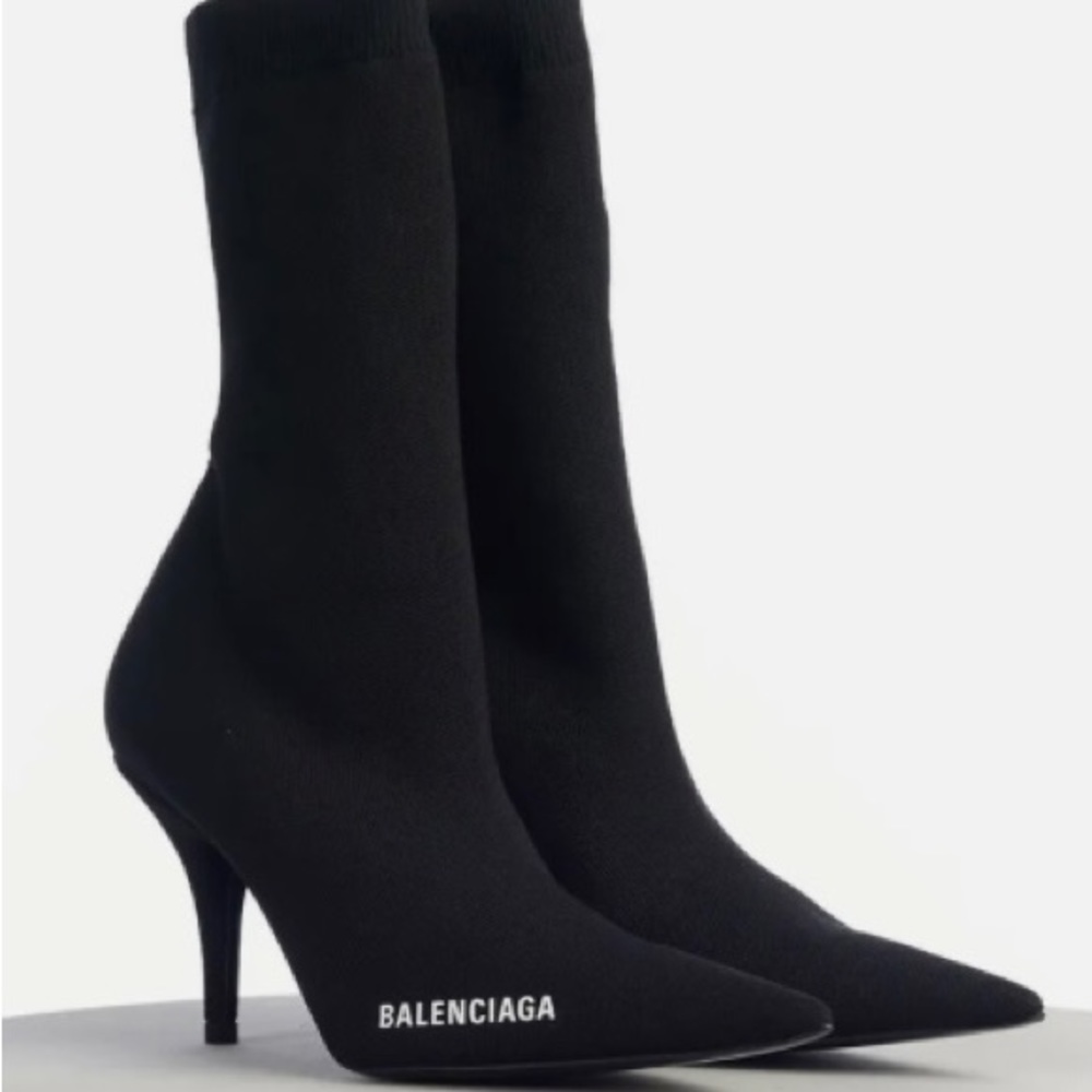 BALENCIAGA Women’s Black Knife Point Sock Boots - Logo Print. Size 40. Size 9